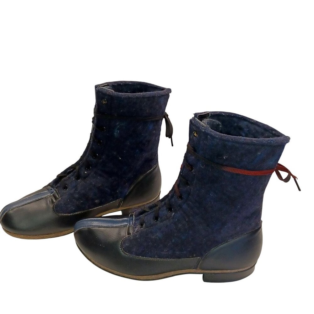 Biltrite Vintage Streetwear Mens 9 Mid Calf Blue Black Felt Block Heel Boots - Picture 4 of 14